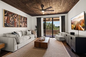 Smart TV, fireplace, books