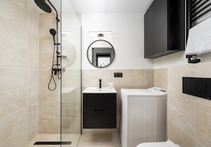 Shower, hair dryer, towels