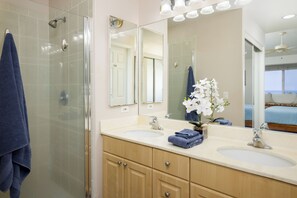 Hair dryer, towels, soap, shampoo