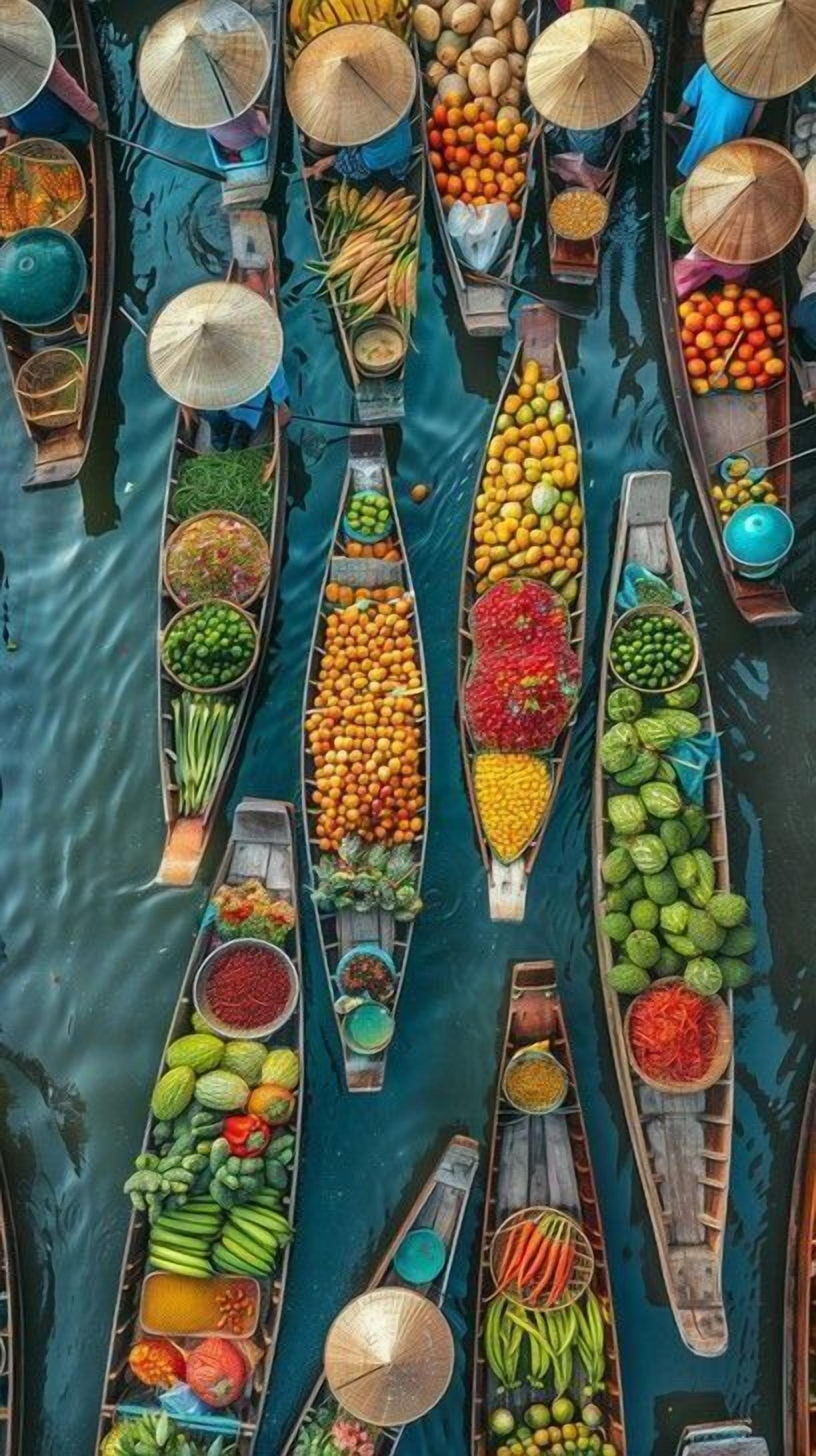 Un groupe de canoës sur une étendue d’eau, chacun étant chargé de différents fruits et légumes.