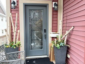 A front door with a glass panel, a mailbox, and two potted plants.