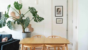 Een eetgedeelte met een houten tafel en stoelen, een pot met een Monstera plant en een blauwe bank.