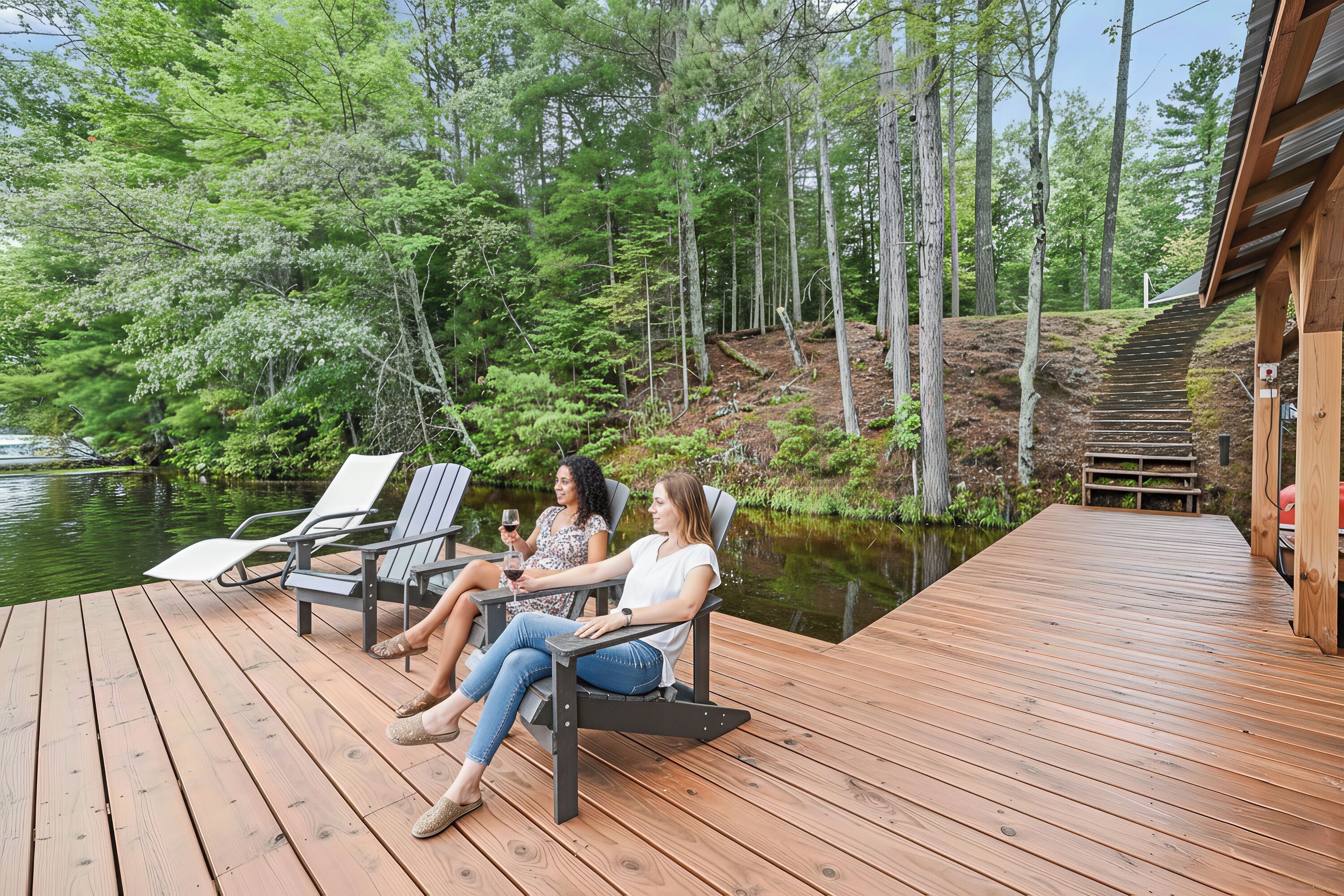 Un terrazzino in legno con due sedie e un tavolo, affacciato su un corpo d'acqua e circondato da alberi.