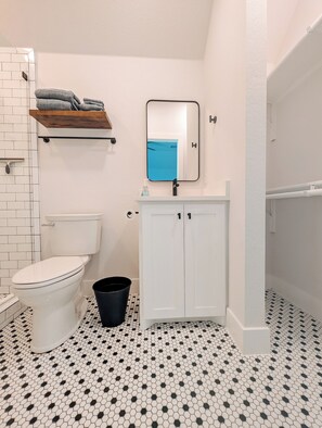 Hair dryer, towels, soap, toilet paper