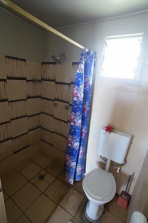 Estudio básico, vista al mar | Baño | Regadera, toallas, jabón, shampoo 