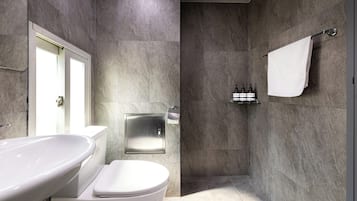 FamilieTwin kamer | Badkamer | Een douche, een haardroger, vloerverwarming, handdoeken
