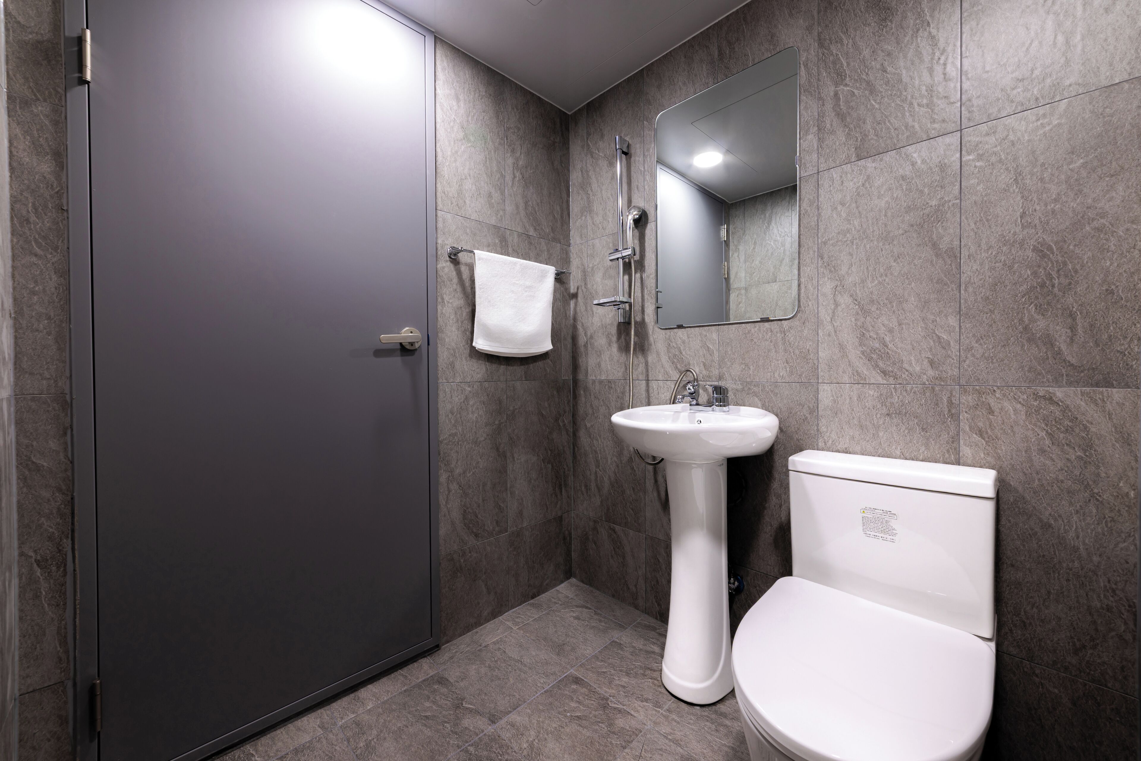 A modern bathroom with a walk-in shower, a pedestal sink, and a toilet.