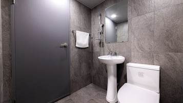 A modern bathroom with a walk-in shower, a pedestal sink, and a toilet.