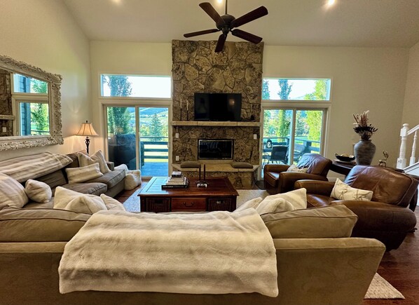 Smart TV, fireplace, books, computer monitors