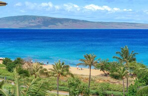 A beach with clear blue water, palm trees, and a distant mountain range.