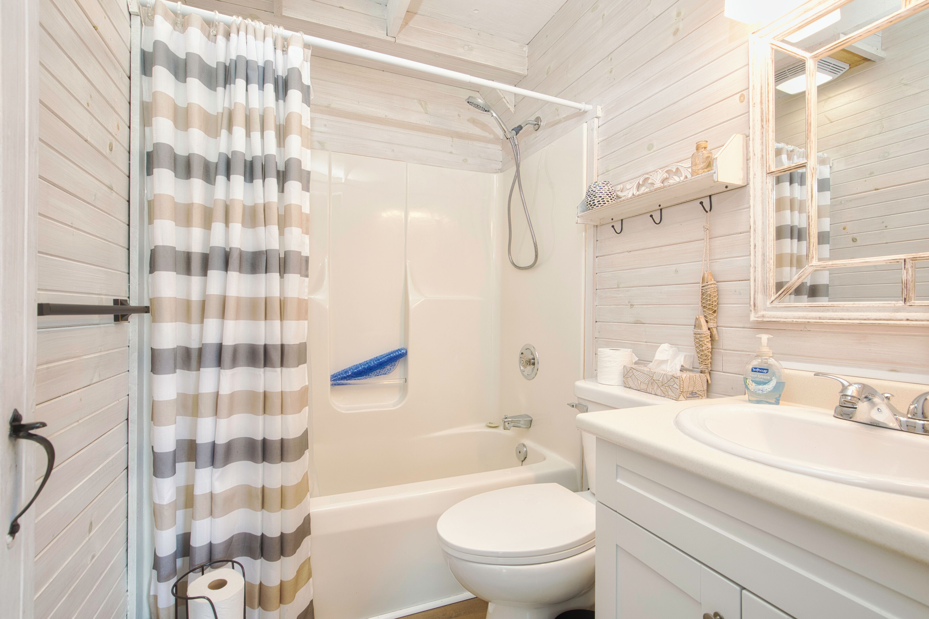 Hair dryer, towels, soap, shampoo