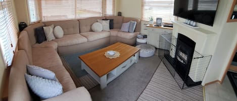 Télévision, cheminée, lecteur de DVD, chaßne hi-fi