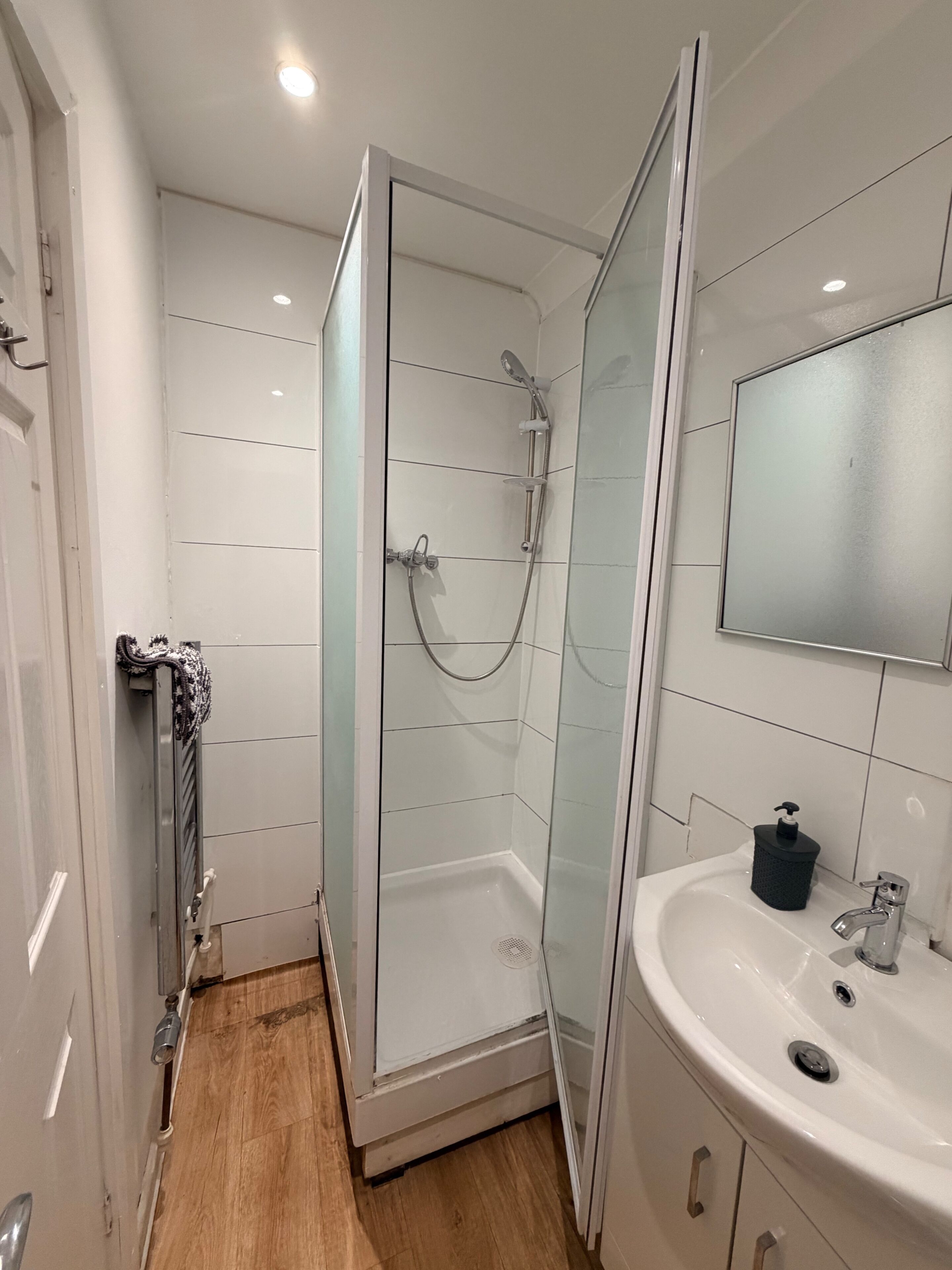 A modern bathroom with a glass-enclosed shower, a white sink with a soap dispenser, and a mirror above the sink.
