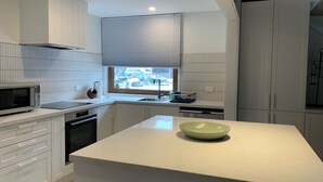 A modern kitchen with white cabinetry, a large window, and a green bowl on the counter. - Tower House Two Chalet (Dinner Plain)