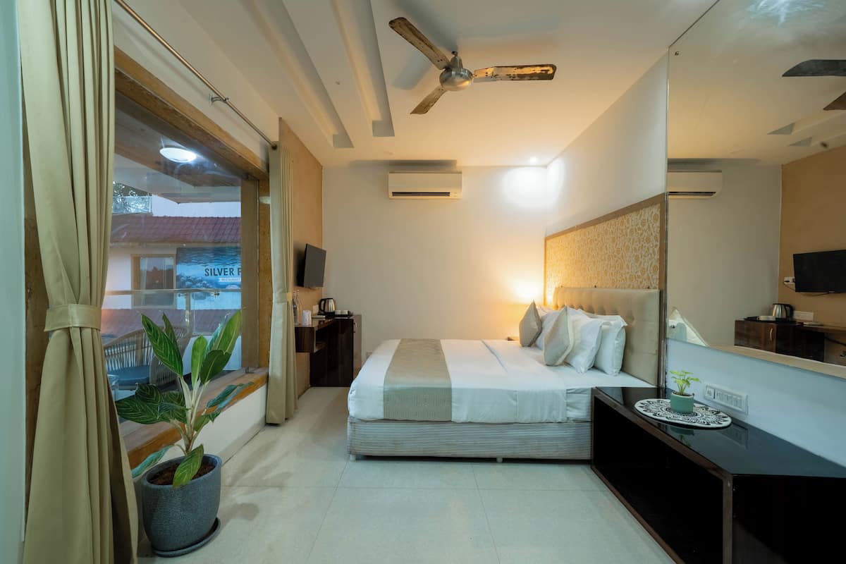 A hotel room with a bed, a ceiling fan, a large window with curtains, a potted plant, a bedside table, a TV, and a mirror.
