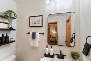 Shower, jetted bath, hair dryer, towels