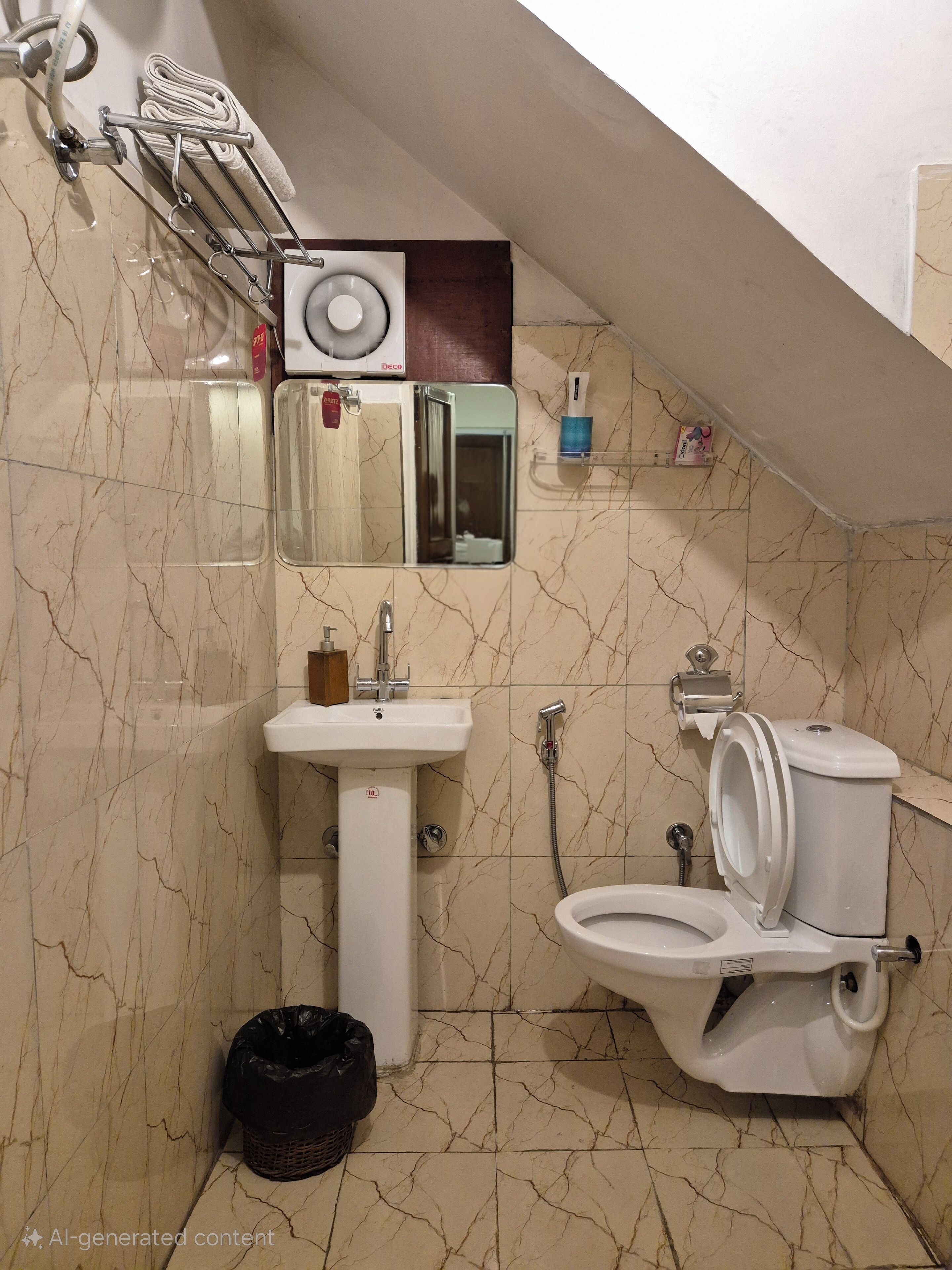 Une petite salle de bain comprenant des toilettes, un lavabo et un miroir.