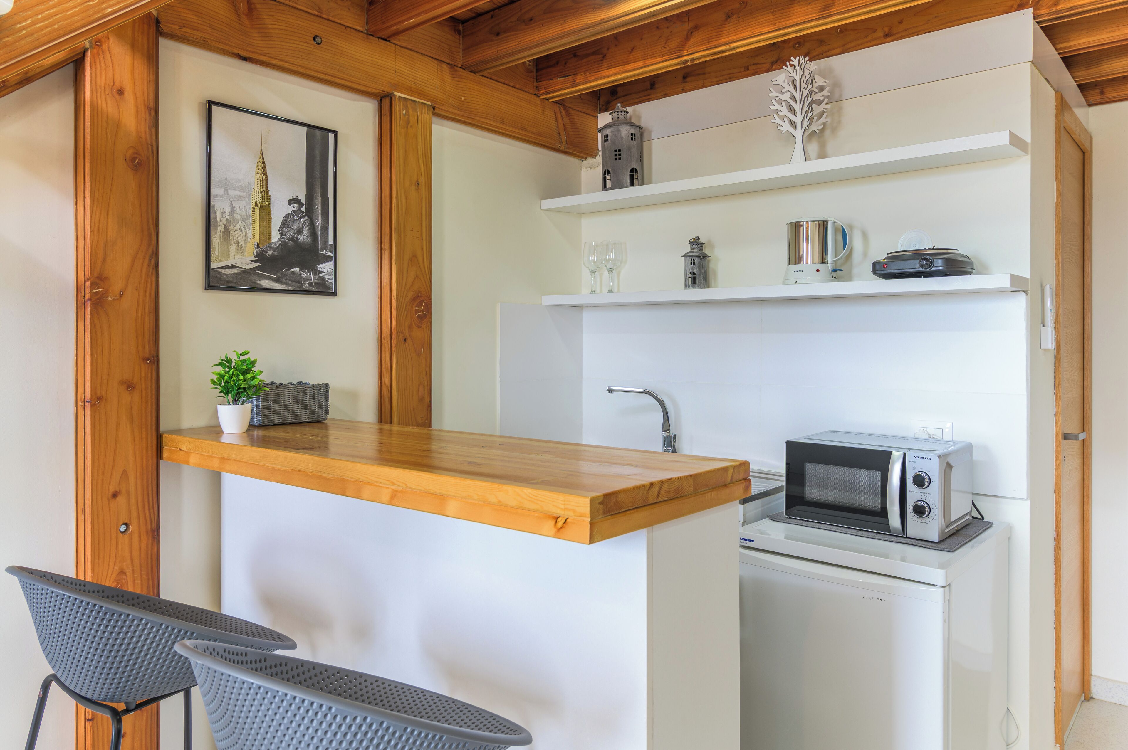 A compact kitchen with a wooden countertop, a microwave, a sink, and a small refrigerator. There is a framed picture on the wall and a potted plant on the countertop.