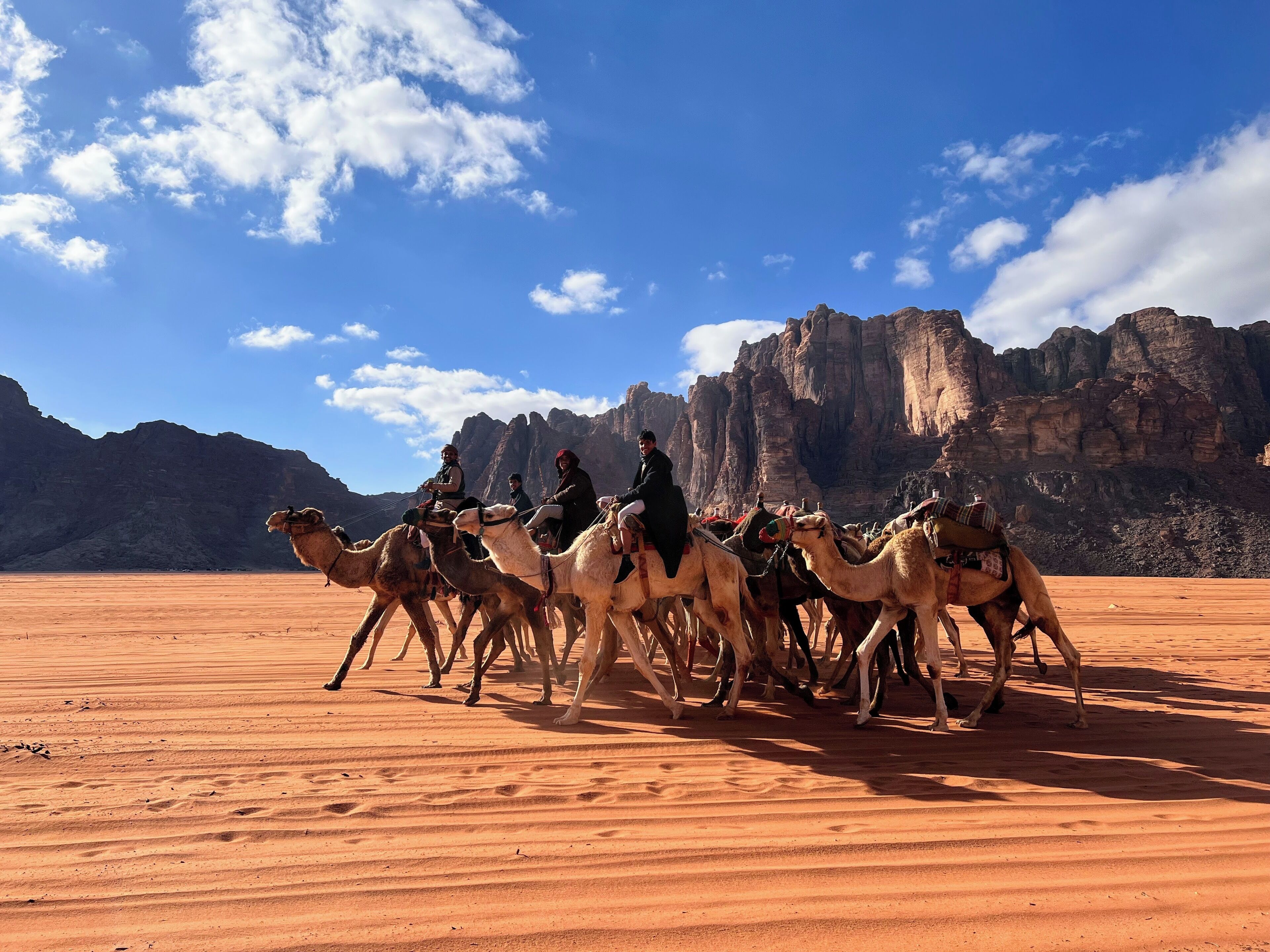 A group of camels with riders in a desert landscape with rocky mountains in the background.