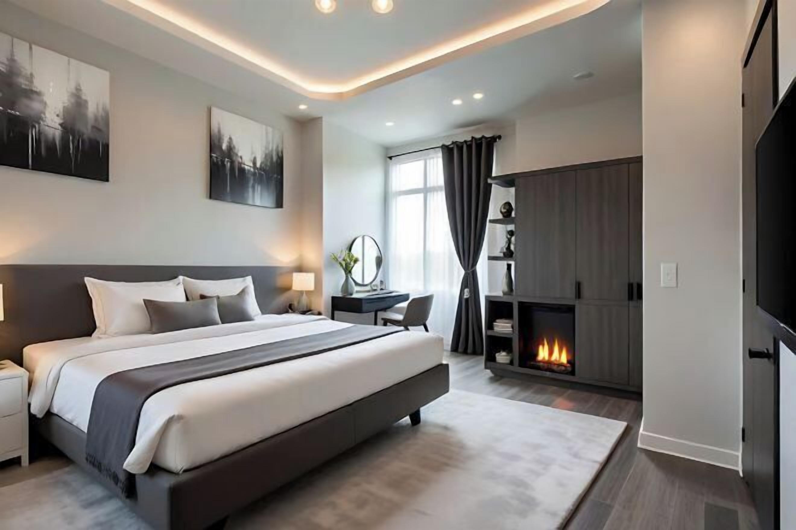 Premium bedding, memory foam beds, desk, laptop workspace