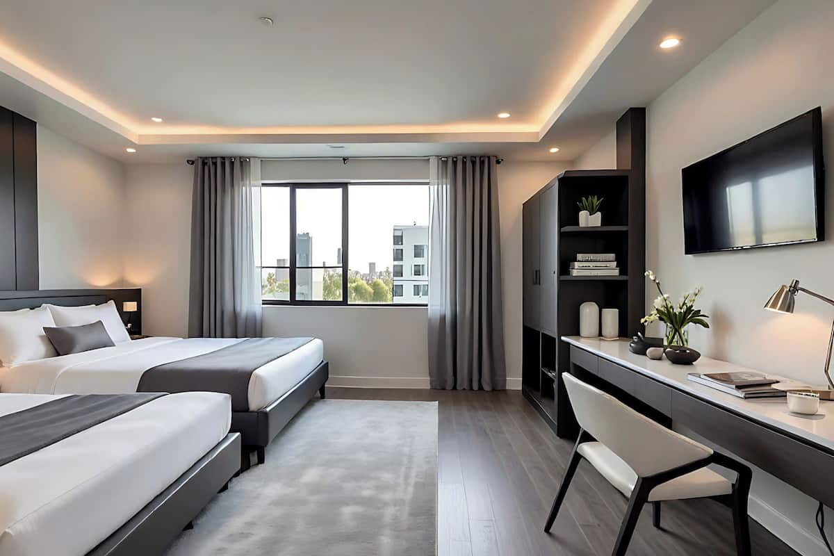 Habitación cuádruple familiar, 2 camas matrimoniales | Ropa de cama de alta calidad, camas con efecto memoria y escritorio