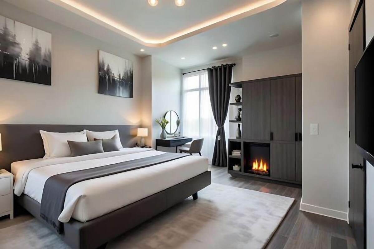 Premium bedding, memory foam beds, desk, laptop workspace