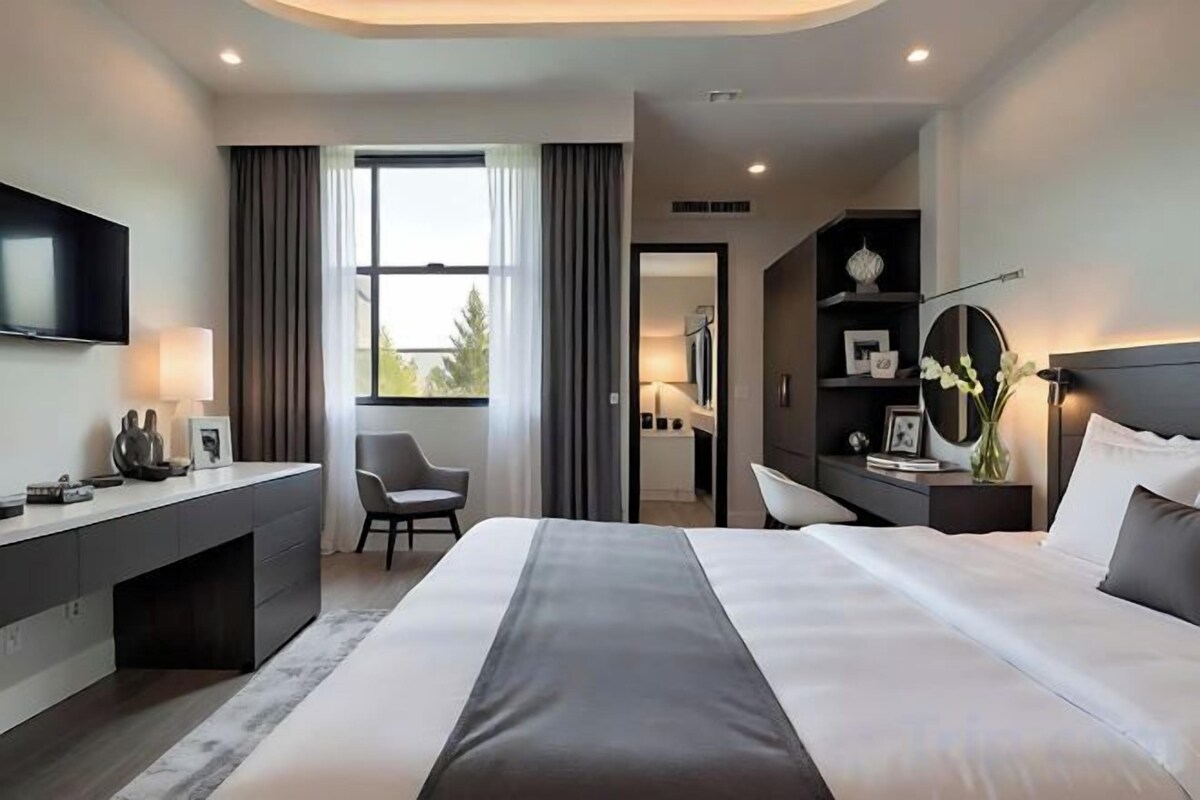 Premium bedding, memory foam beds, desk, laptop workspace