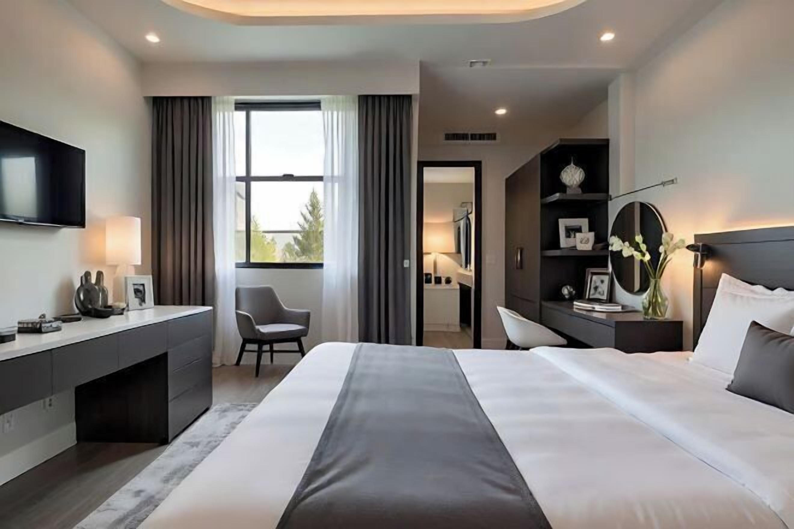 Premium bedding, memory foam beds, desk, laptop workspace