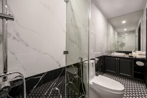 Hair dryer, slippers, towels, soap