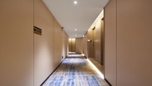 A corridor with beige walls, a patterned carpet, and a sign indicating room number B205. - Meiyi Grand Hotel Shenzhen Huanggangcun (Shenzhen)