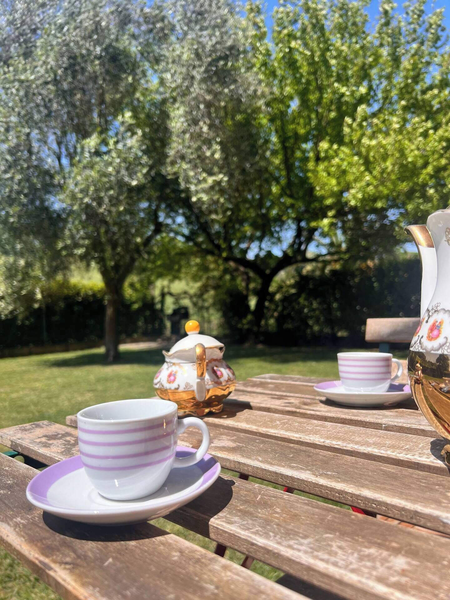 A wooden picnic table with a teapot and cups.