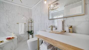 Hair dryer, towels, shampoo, toilet paper