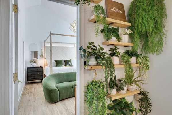 Un dormitorio moderno con un sofá verde, una cama, una mesita de noche y una estantería con plantas en la pared.