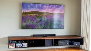 A flat-screen TV mounted on a wall above a wooden entertainment unit with a shelf of DVDs.