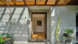 A modern entrance with a wooden ceiling, a stone floor, and various potted plants including a tall cactus.