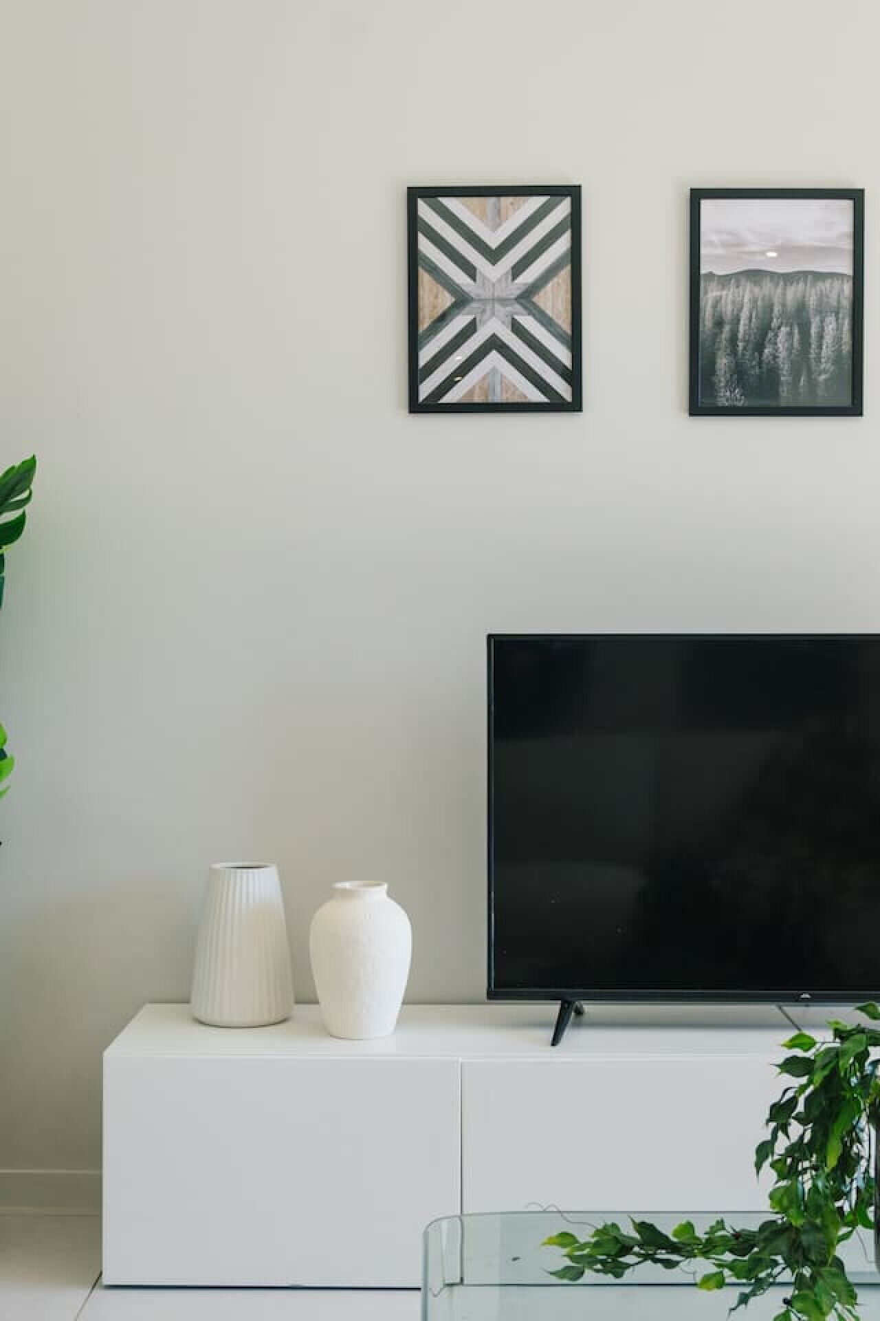 Een moderne woonkamer met een flatscreen televisie op een wit kastje, twee ingelijste kunstwerken aan de muur en een potplant aan de linkerkant.