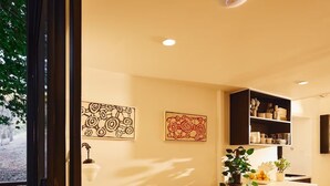 Ein modernes Wohnzimmer mit einem braunen Sofa, zwei gemusterten Kissen, einem gewebten Teppich und einer Küchenzeile mit einer Pflanze und einer Obstschale.