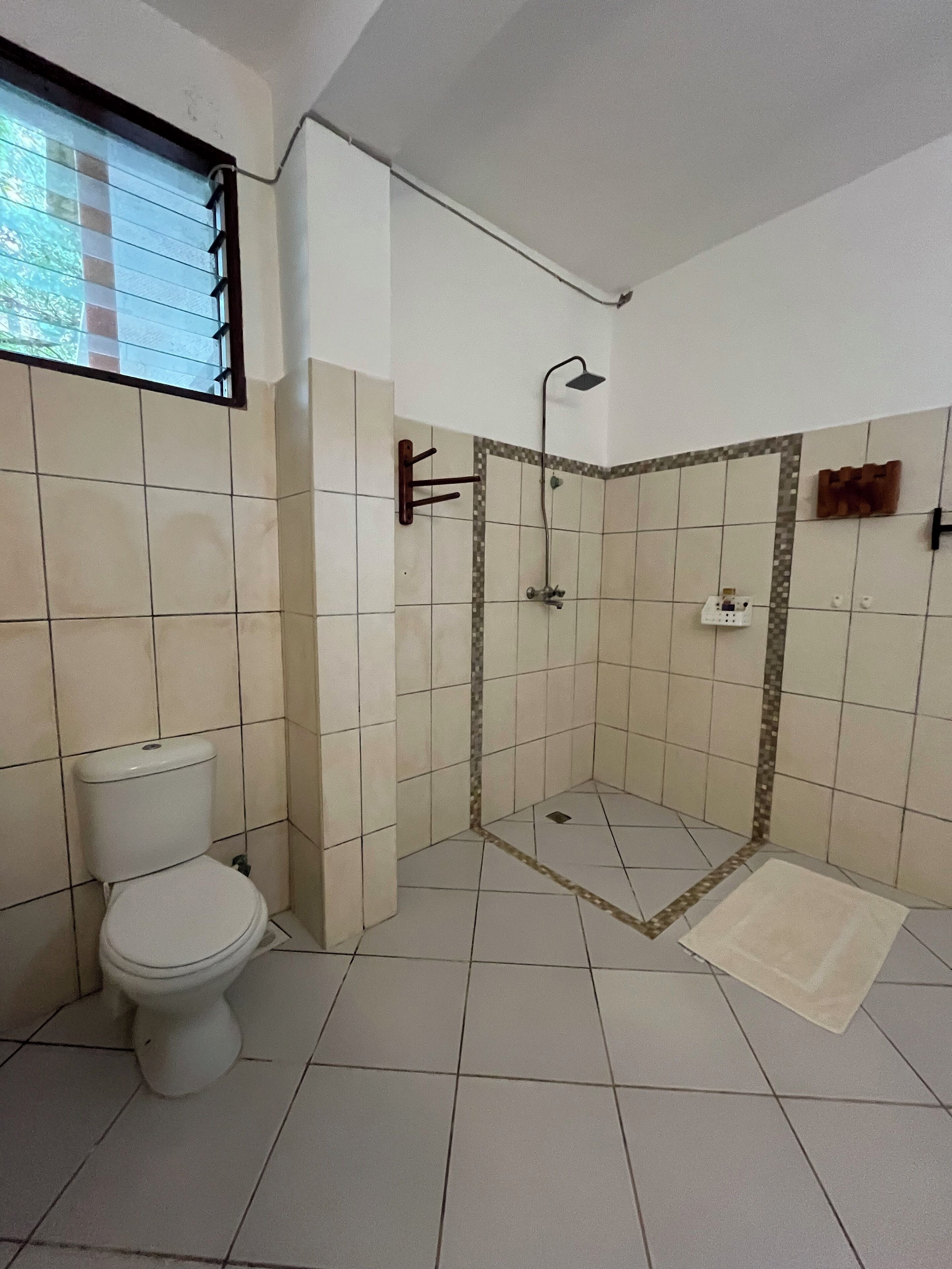 Een douche, een haardroger, handdoeken, zeep