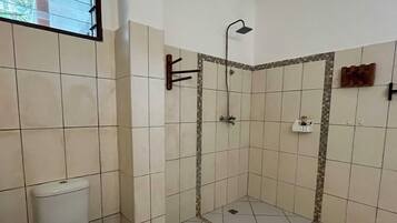 Een douche, een haardroger, handdoeken, zeep