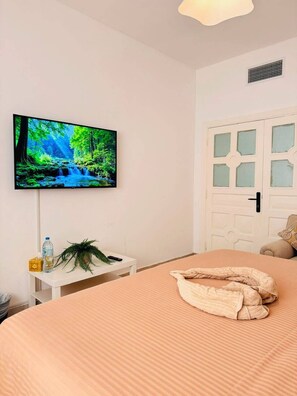 Quarto com cama, televisão na parede, porta branca e uma pequena mesa com uma planta e uma garrafa.