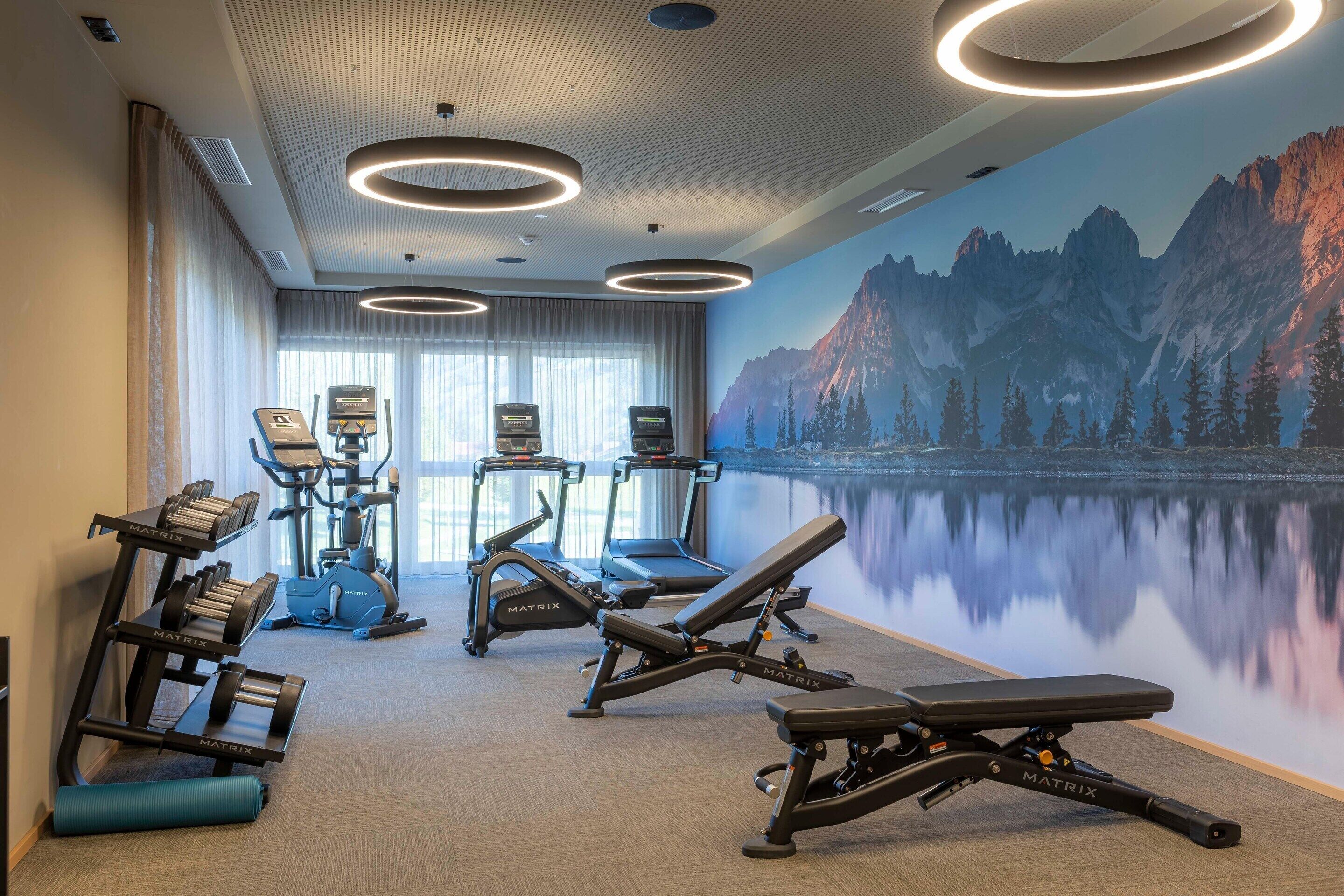 A gym with treadmills, elliptical machines, and weight benches, featuring a mountain landscape mural and circular ceiling lights.