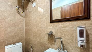 A bathroom with a white toilet, a sink with a mirror, and a shower with a handheld showerhead.