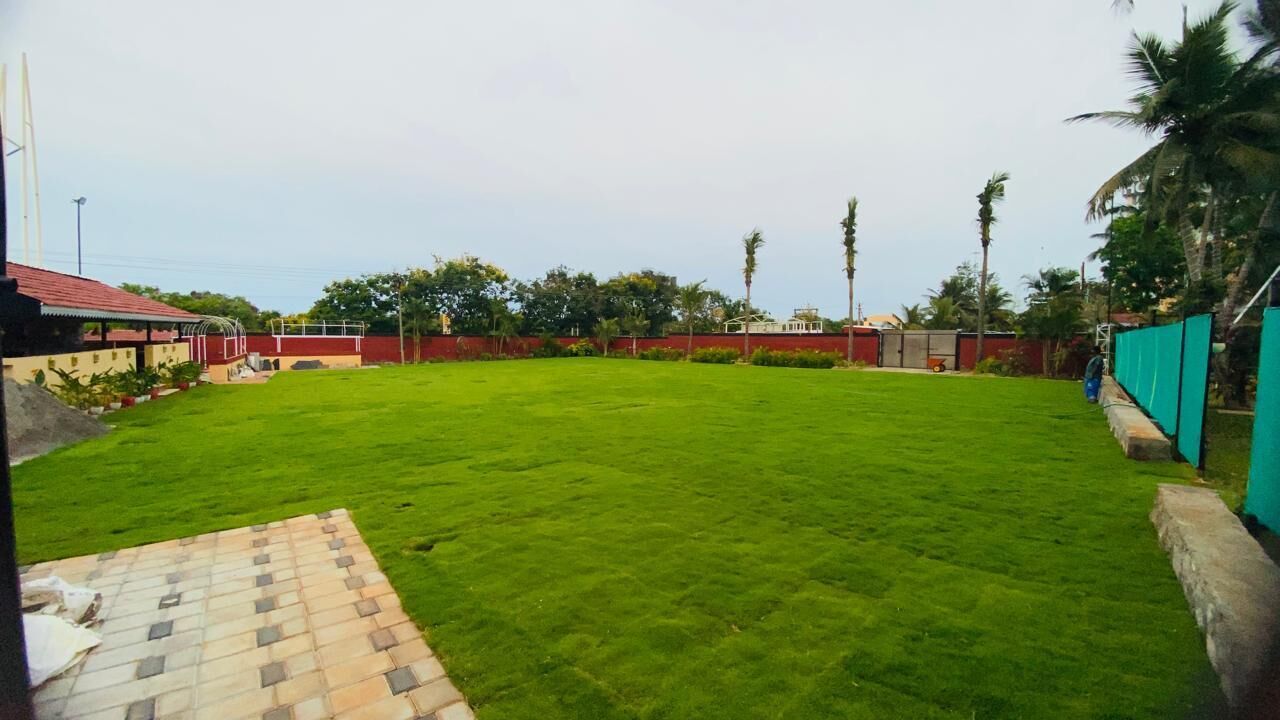 A well-maintained grassy yard with a red-roofed building, a fenced area, and palm trees.