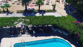 Seasonal outdoor pool, pool umbrellas, pool loungers