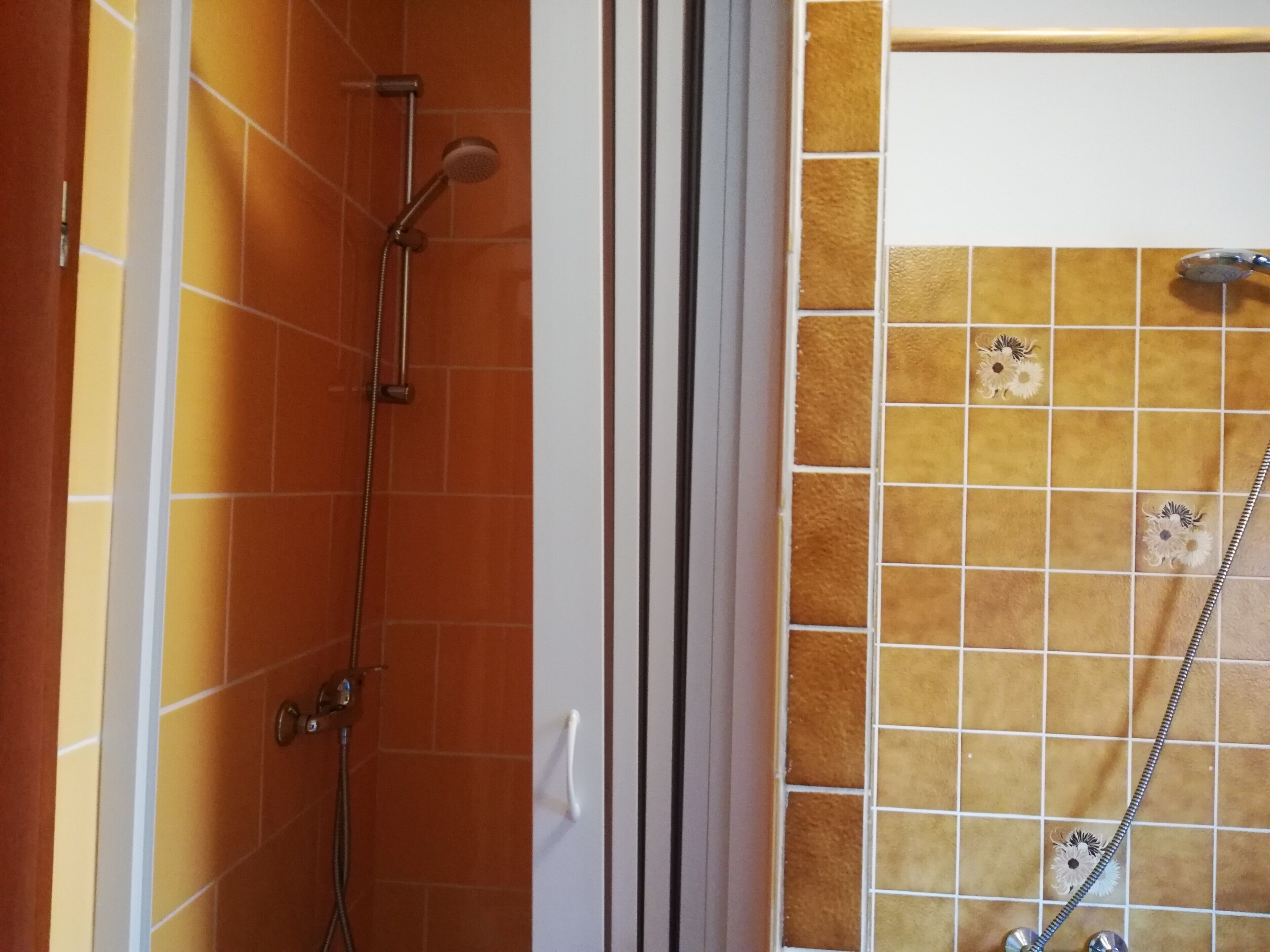 Un espace douche équipé d’un pommeau de douche à main et d’un pommeau de douche fixé au mur, les deux étant reliés par des tuyaux.