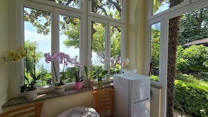 A conservatory with large windows, a refrigerator, and potted plants.