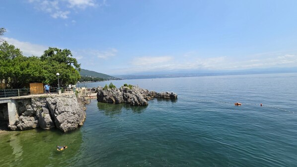 A coastal scene with rocky outcrops, calm water, and a distant cityscape.