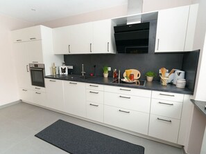 Fridge, microwave, oven, stovetop - Apartment '2' with Private Terrace, Shared Garden and Wi-Fi (Gammertingen)
