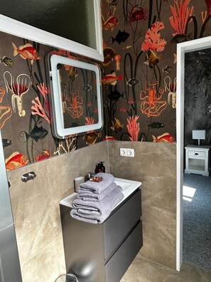 Shower, hair dryer, towels