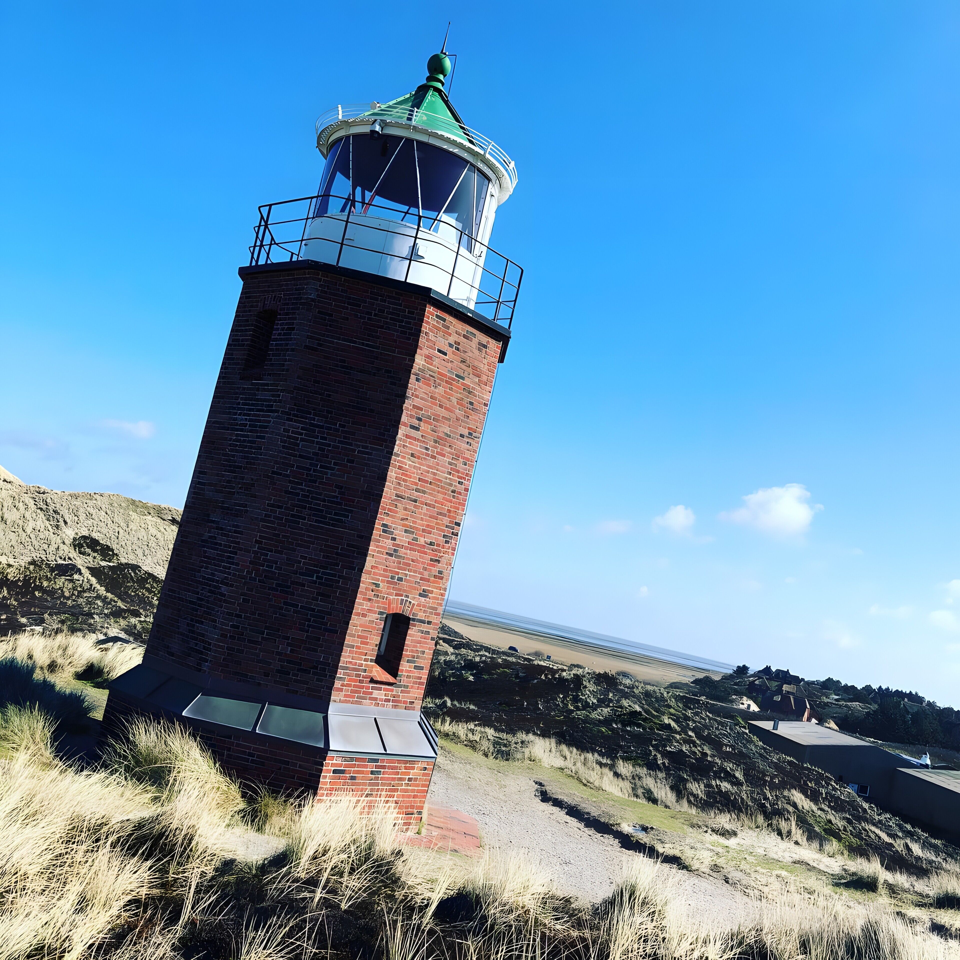 Um farol de tijolos com o topo verde, localizado numa colina gramada com vista ampla do oceano.